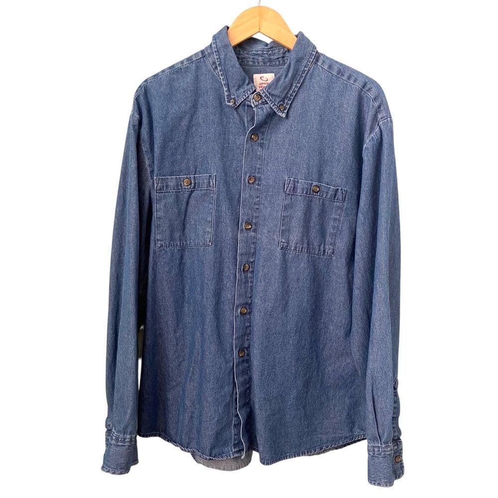 Vintage Open Trails Blue Denim Button-Up Shirt 100% Cotton in Men's Size XL